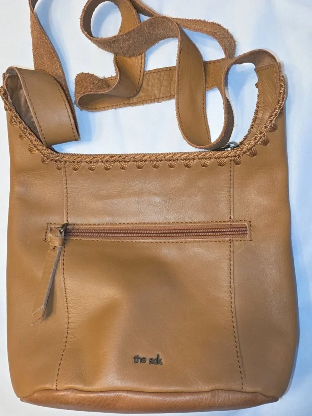 The Sak Asher Leather Crossbody Bag Neutral Tan Soft Strap Stitched Crochet Trim